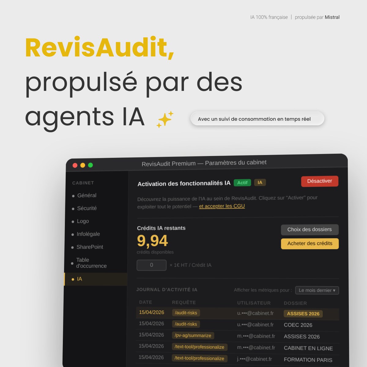 RevisAudit, propulsé par des agents IA — activation des fonctionnalités IA et suivi de consommation en temps réel